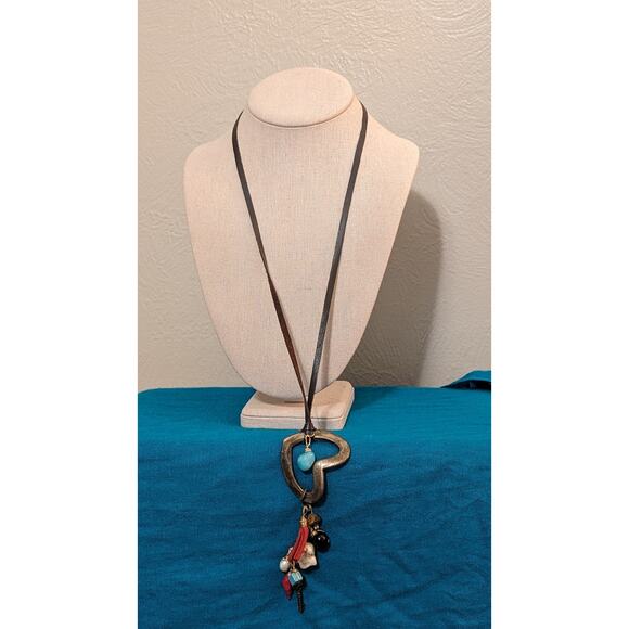 Artisan Cord with Heart, Stone, Tassel, Key and Other Charms Cluster Necklace - Picture 2 of 8